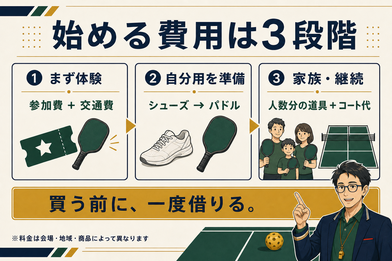 ピックルボールを始める費用の3段階。まず体験、自分用を準備、家族や継続プレー