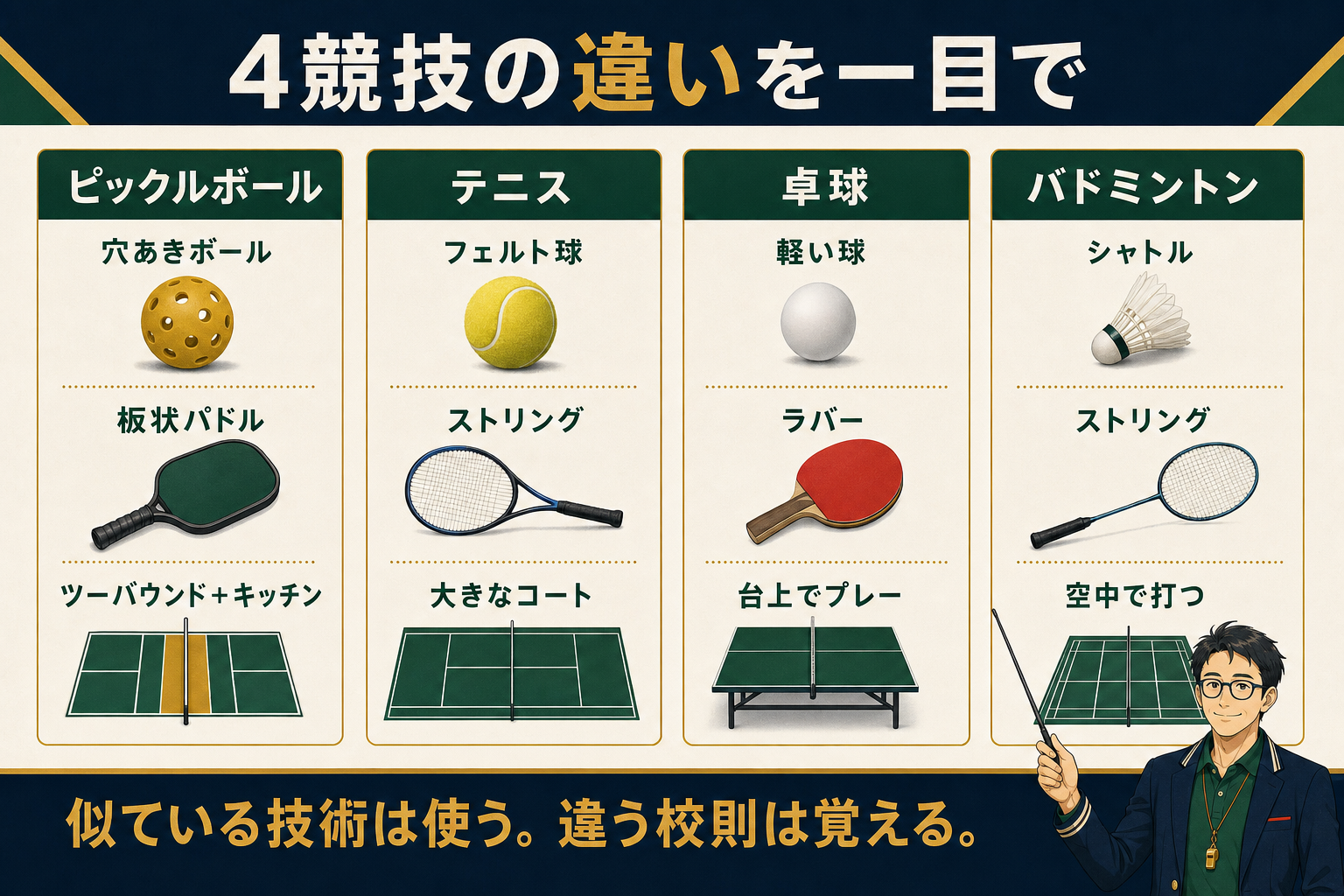 ピックルボールとテニス、卓球、バドミントンの違いの比較図