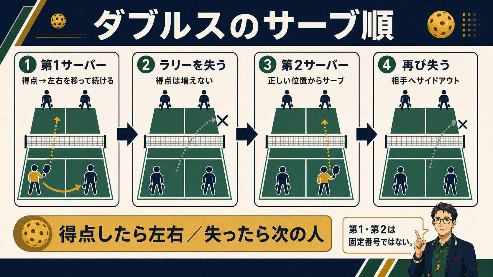 ピックルボール・ダブルスの第1サーバーからサイドアウトまでの流れ