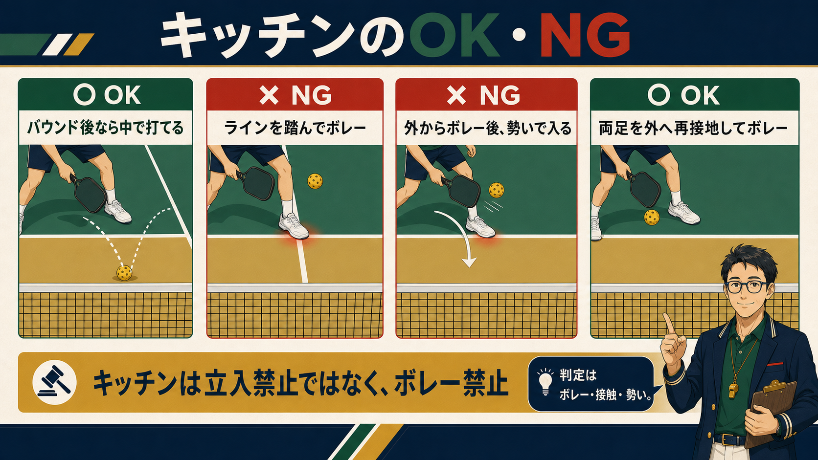 ピックルボールのキッチンでできることと反則になること