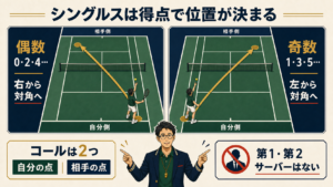 ピックルボール・シングルスのルール｜偶数は右・奇数は左の内容を説明する図解