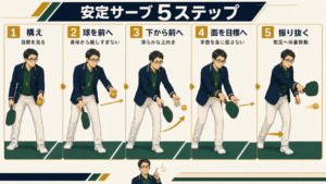 ピックルボールのサーブ基本|初心者が安定して入れる5ステップの内容を説明する図解