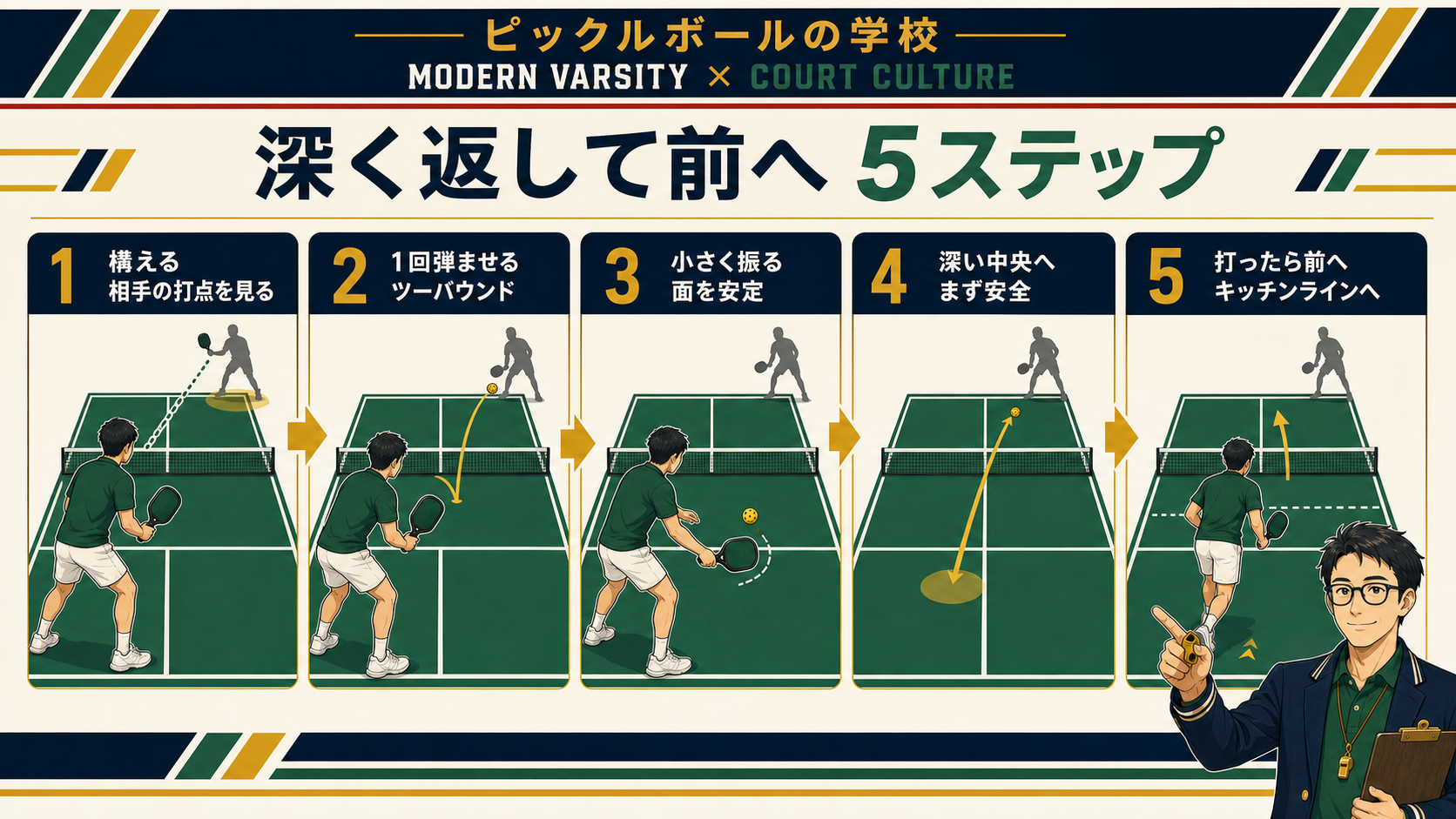 深く返して前へ進むリターンの5ステップ図解