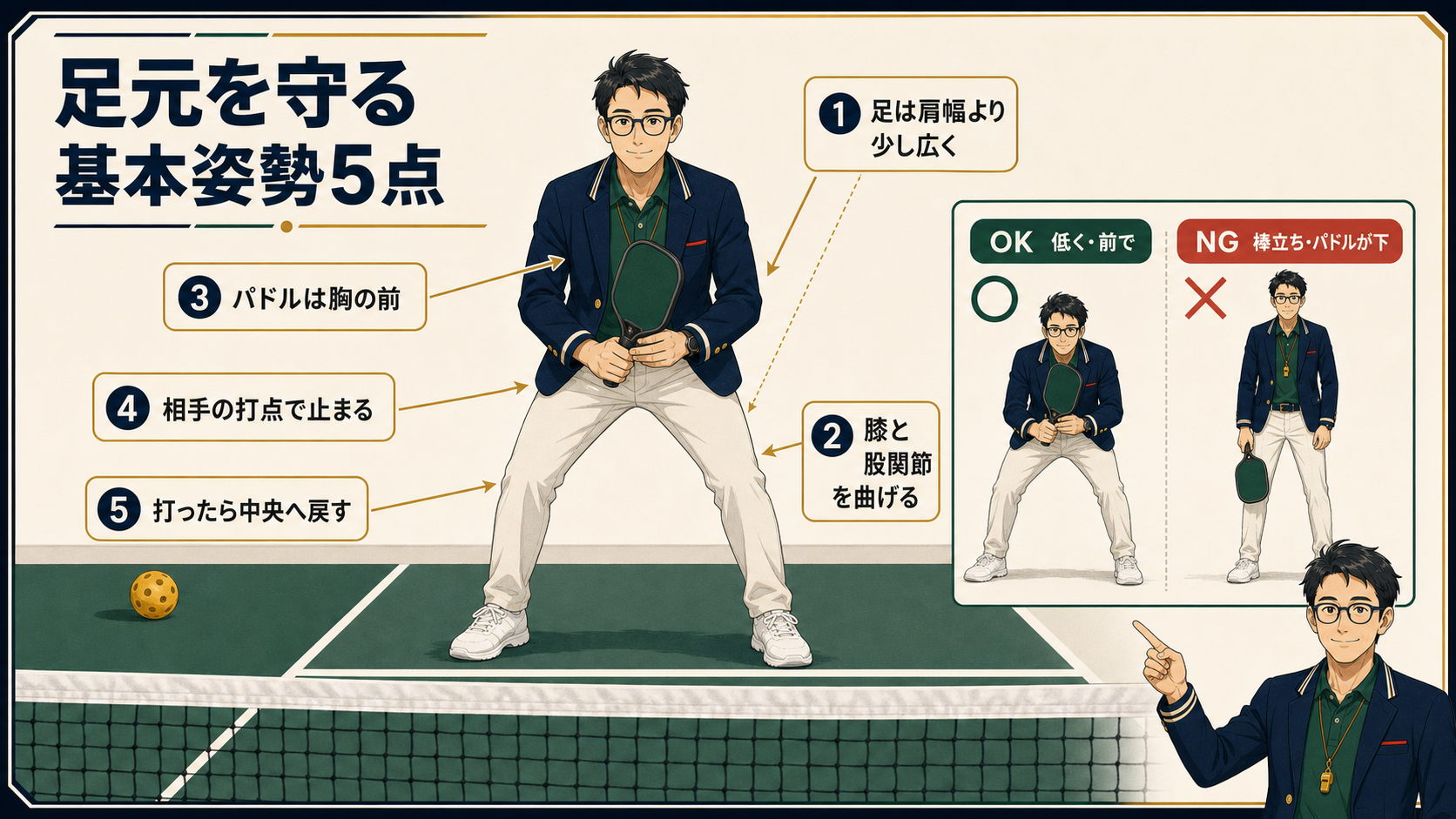キッチンラインで足元を守る基本姿勢5点の図解