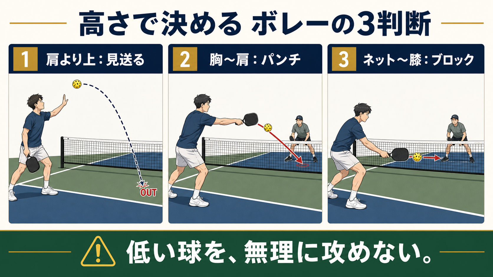 ボレーを高い球・胸の高さ・低い球に分けた判断図解