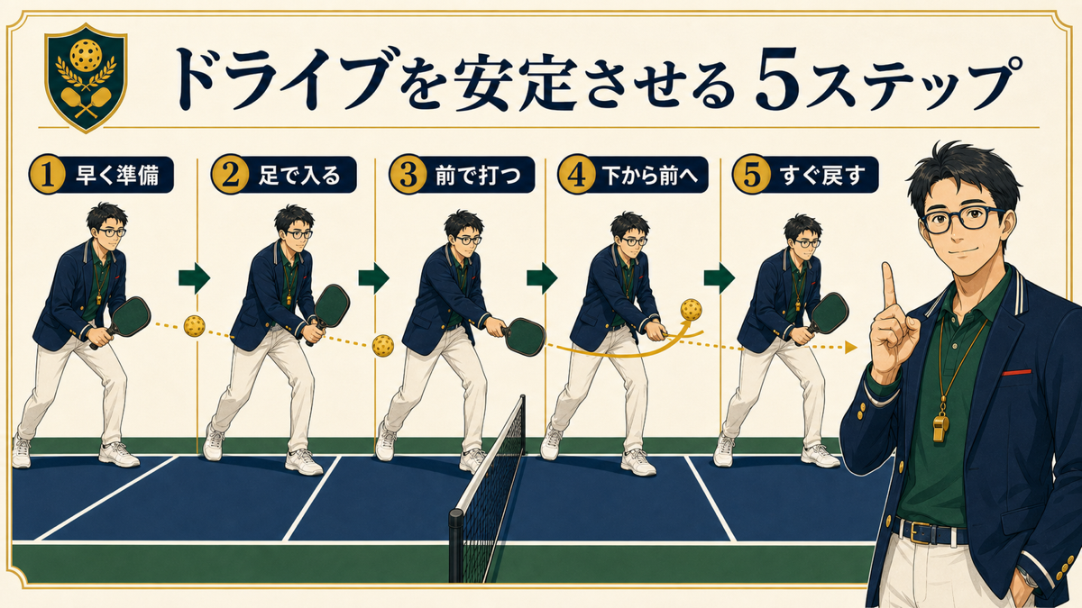 ピックルボールのドライブを安定させる5ステップ図解