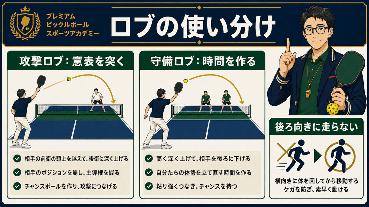 攻撃ロブと守備ロブの違いと安全な狙いを示す図解