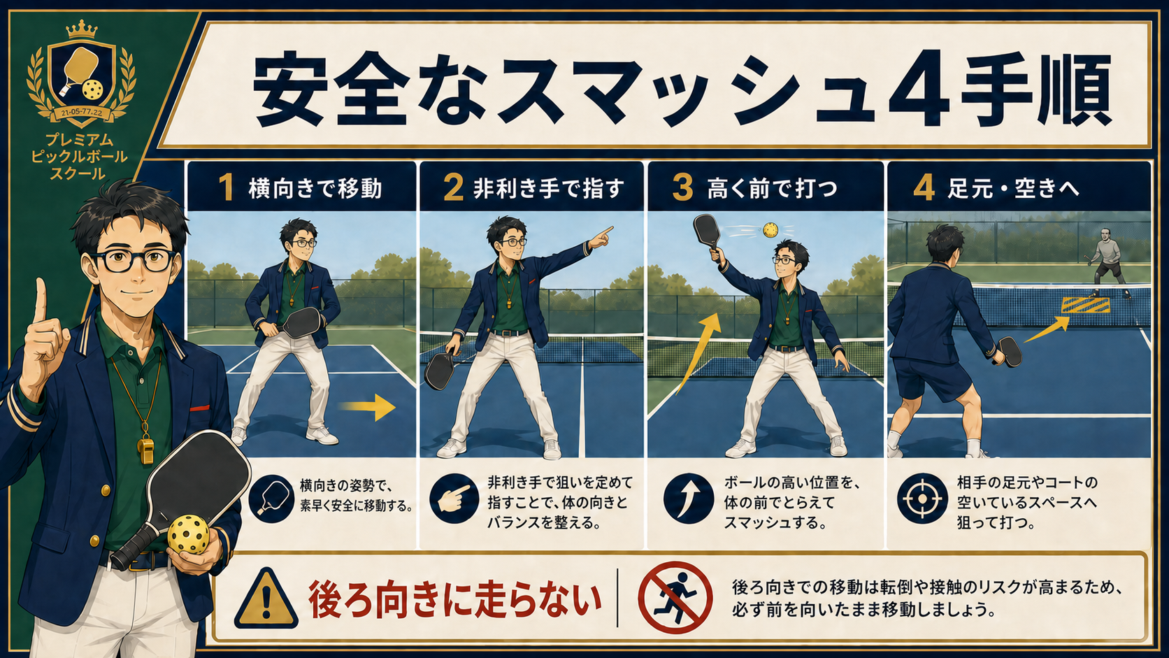 ピックルボールのスマッシュ基本｜安全な足運びと狙い方の内容を説明する図解