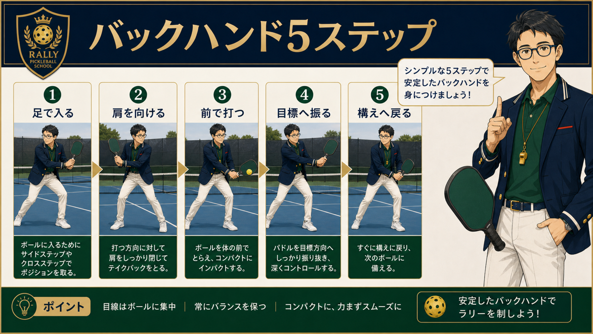 バックハンドの構えから打点までを示す5ステップ図解