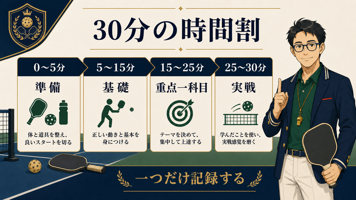 初心者向けピックルボール30分練習の時間割図解