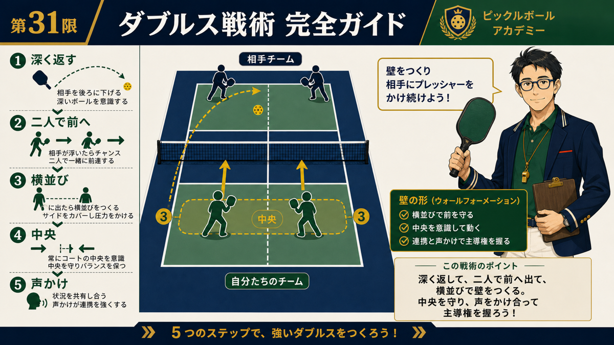 ピックルボールのダブルス戦術5原則の図解