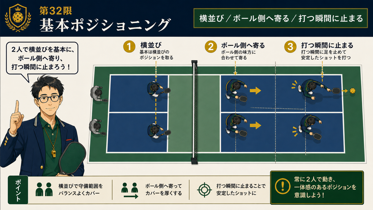 ダブルスの基本ポジショニングと二人の連動図