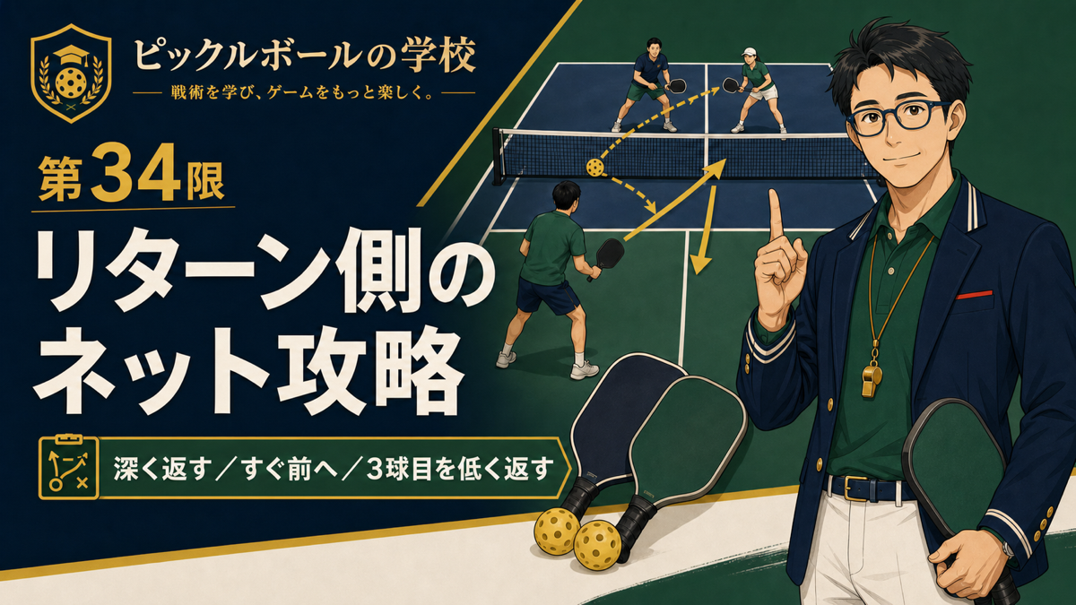 ピックルボールでリターン後すぐ前に出る理由｜深く返してキッチンを取るのアイキャッチ