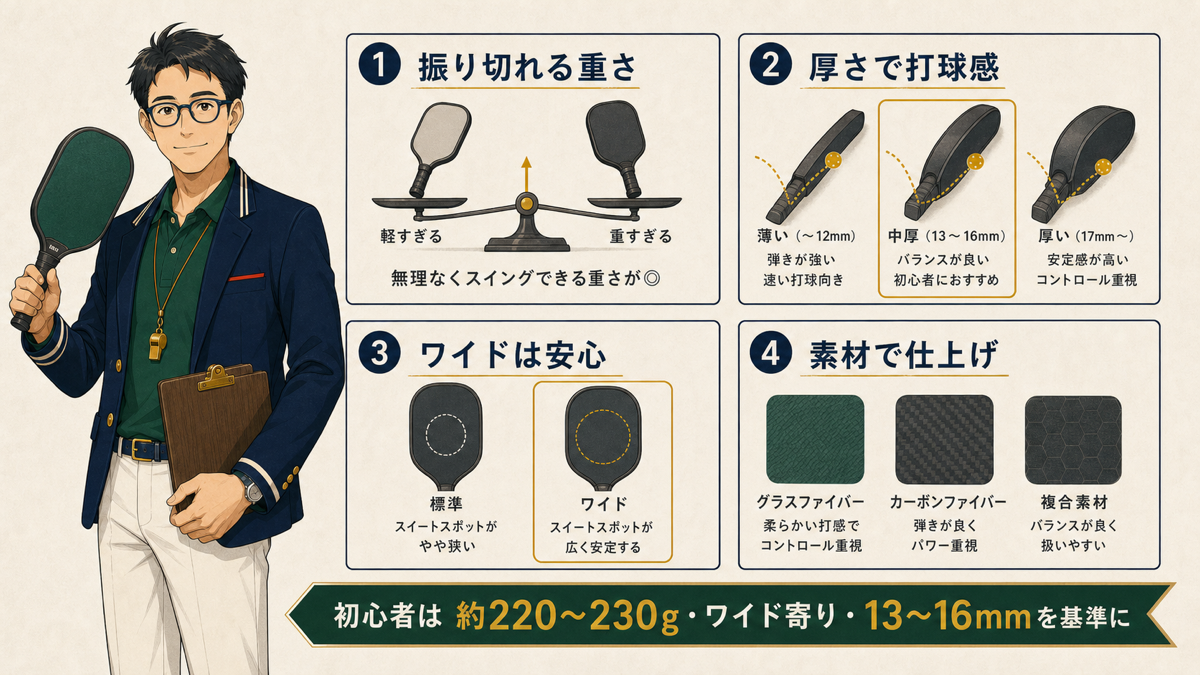 ピックルボールパドルの重さ・厚さ・形状・素材を選ぶ図解