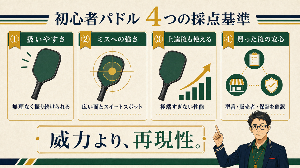 初心者向けピックルボールパドルを選ぶ4つの基準