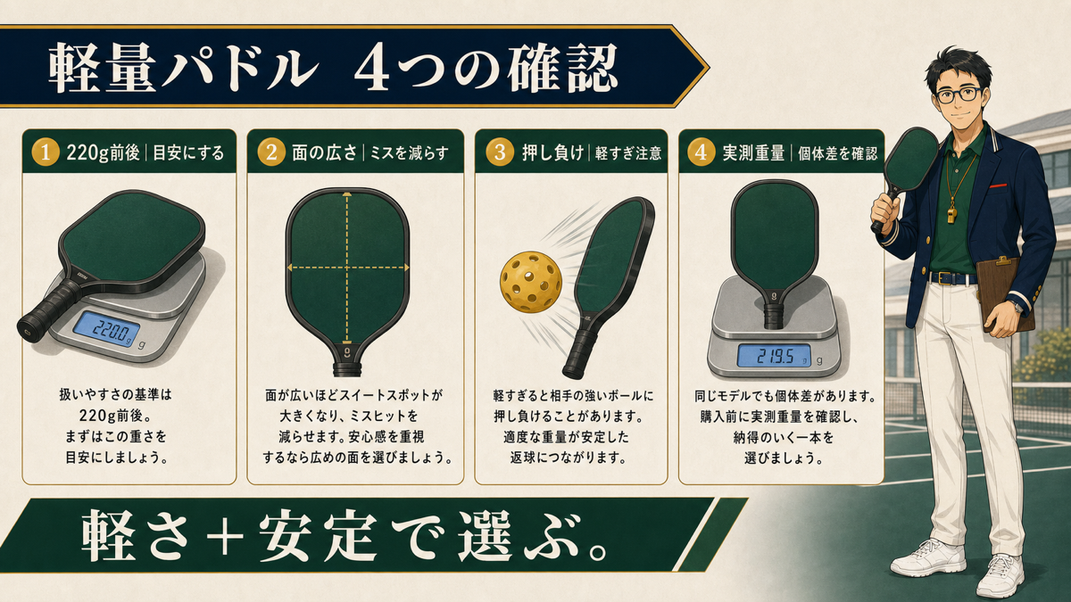 軽量ピックルボールパドルおすすめ5選｜操作性と重さで比較の内容を説明する図解