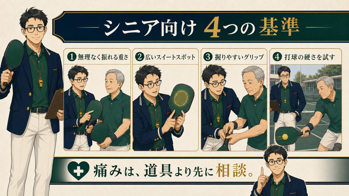シニア向けピックルボールパドルおすすめ5選|軽さ・面・振動で選ぶの内容を説明する図解