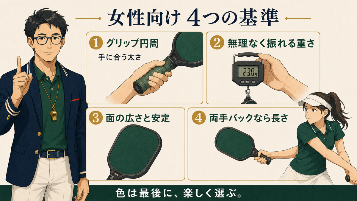 女性向けピックルボールパドルおすすめ5選｜手の大きさと操作性で比較の内容を説明する図解