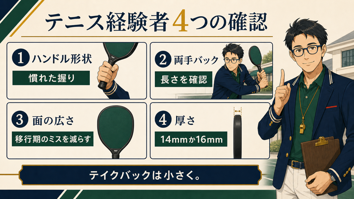 テニス経験者向けピックルボールパドルおすすめ5選｜移行で失敗しない選び方の内容を説明する図解