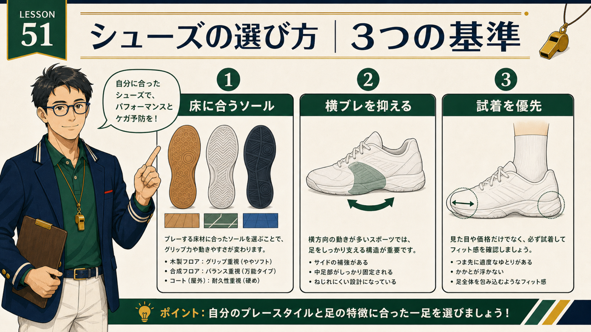 ピックルボールシューズの選び方｜体育館・屋外コート別に解説の内容を説明する図解
