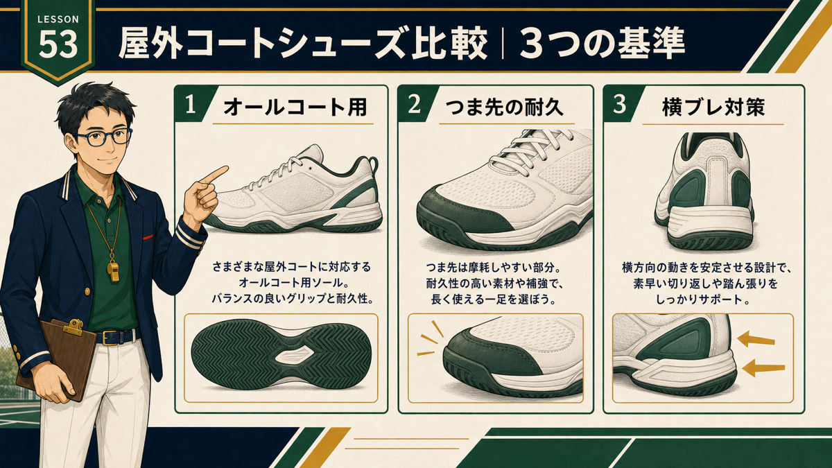 【2026年版】屋外向けピックルボールシューズ比較｜ハードコートおすすめ3選の内容を説明する図解