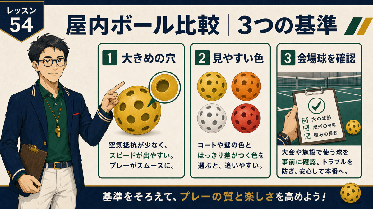 【2026年版】屋内用ピックルボール比較｜体育館で見やすいおすすめ3選の内容を説明する図解