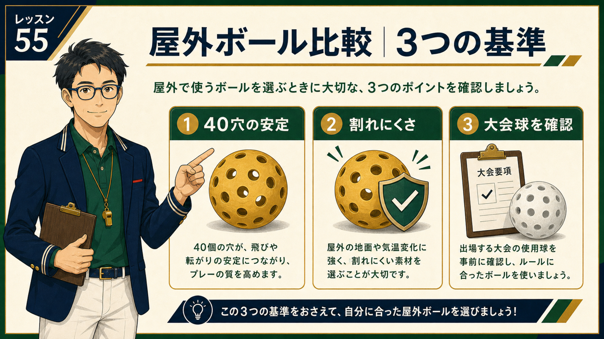 【2026年版】屋外用ピックルボール比較｜X-40・Dura Fast 40ほかの内容を説明する図解