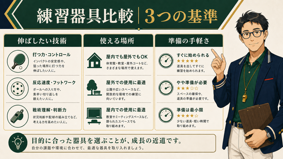 【2026年版】ピックルボール練習器具おすすめ比較｜一人練習・反復用の内容を説明する図解